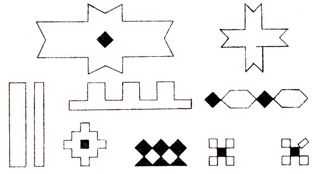 Рис. 116. Интересна в творческом отношении работа детей по составлению узоров из геометрических фигур для оформления ковров, полов для кукольных домиков